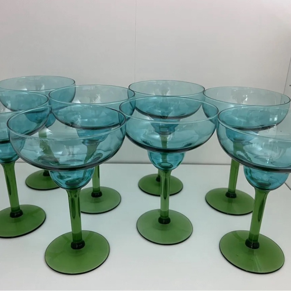 Set of 8 Hand Blown Glass Margarita Glasses with Blue Bowls & Green Stems - Picture 2 of 9